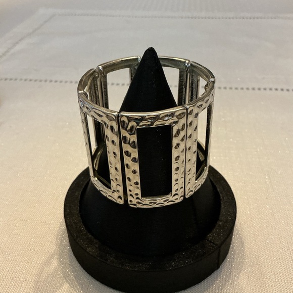 Rectangle Wide Silver Tone Stretch Bracelet - Picture 4 of 4